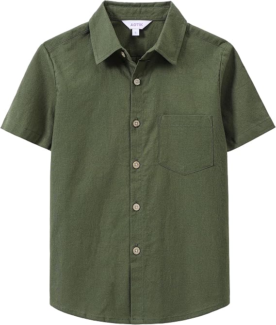 Boys Linen Shirt Casual Button Down Shirt Short Sleeve Olive Green 10