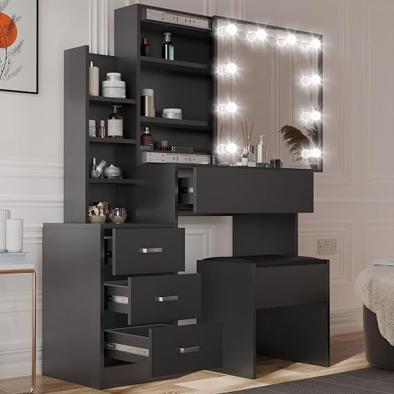 Blisswood Dressing Table with Mirror and Stool, 4 Drawer 3 open Storage Shelves and 3 Hidden Shelves with LED Bulbs, Modern Makeup Table for Bedroom &amp; Living Room (Black)