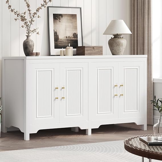Jocoevol Buffet Cabinet with Storage, 55" Modern Farmhouse Sideboard Cabinet with Doors & Shelves, Kitchen Storage Cabinet for Kitchen Living Room,White