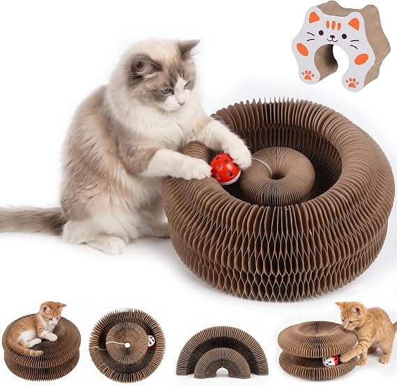 Qoosea Kitty Kurlz Indoor Cat Toy, Cat Paw-Shaped Accordion Cats Scratcher with Bell Ball & Magnetic Design, Cat Scratchers for Indoor Cats-Made of Corrugated Cardboard and Sturdy