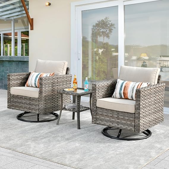 Patio Swivel Rocking Chair Set of 2 with Coffee Table,Comfortable Outdoor Wicker Glider Chair with Deep Seat, Porch Rocker Chair for Balcony Garden Backyard (Beige)
