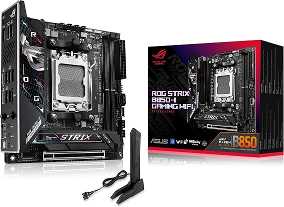 ASUS ROG Strix B850-I Gaming WiFi AMD AM5 B850 Mini-ITX mITX Motherboard 10+2+1 Stages, DDR5, 2.5G LAN, WiFi 7, 2X M.2, PCIe 5.0 x16, USB 20Gbps Type-C, AI Overclocking, AI Networking II, Aura Sync | USB 20Gbps Type-C, 10+2+1 Stages, DDR5, 2.5G LAN, 2X M.2, PCIe 5.0 x16, AI Overclocking, AI Networking II, Aura Sync