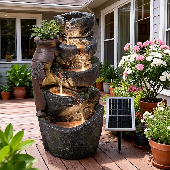 5-Tiers Solar Powered Cascading Rock Jar Water Fountain Outdoor, 31.7" H Outside Fountains and Waterfalls with 4 LED Lights for Patio, Deck, Porch, Backyard and Home Art Docor