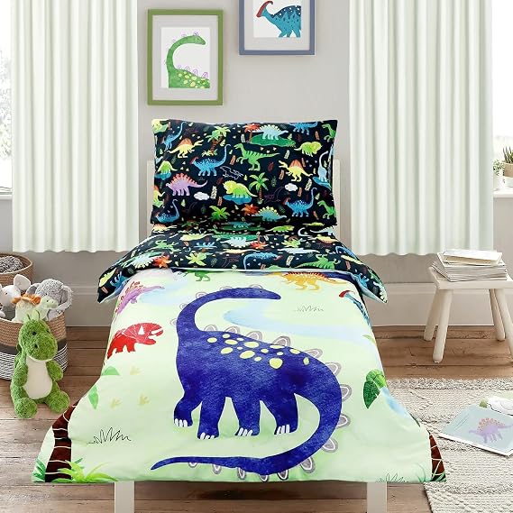 Hooyax Toddler Bedding Set for boys 4 Piece Toddler Boy Bedding Set Super Soft &amp; Lightweight Toddler Comforter Set Includes Duvet, Flat Sheet, Fitted Sheet, Pillowcase (Dinosaurs)