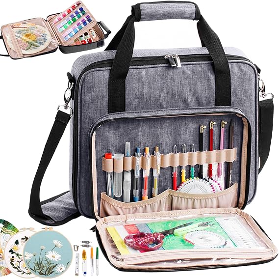 MYBAGZING | Large Embroidery Project Bag - Cross Stitch Supplies Organizer - Embroidery Kits Bag - Storage & Organizer for Floss, Loops