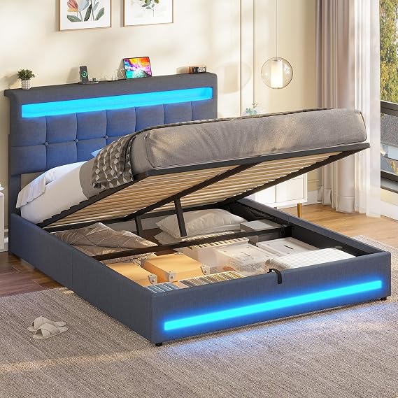 AOGLLATI Double Ottoman Bed Frame 135×190 cm with Charging Station &amp; LED Lights, Upholstered Platform Bed frame with Under-bed Storage and Storage Headboard, No Box Spring Needed, Dark Grey Linen