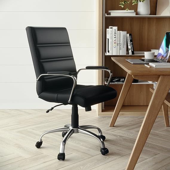 Mid-Back Black LeatherSoft Executive Swivel Office Chair with Chrome Frame and Arms