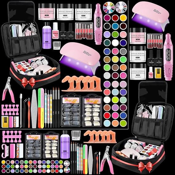 Acrylic Nail Kit for Beginners with Everything in Gift Organizer Bag, Black | 20000RPM Drill, Mini UV Lamp, 5Practice Fingers, 42 Glitters, 3 Powders, Monomer Liquid, French Tips, Glue, Clippers for Home