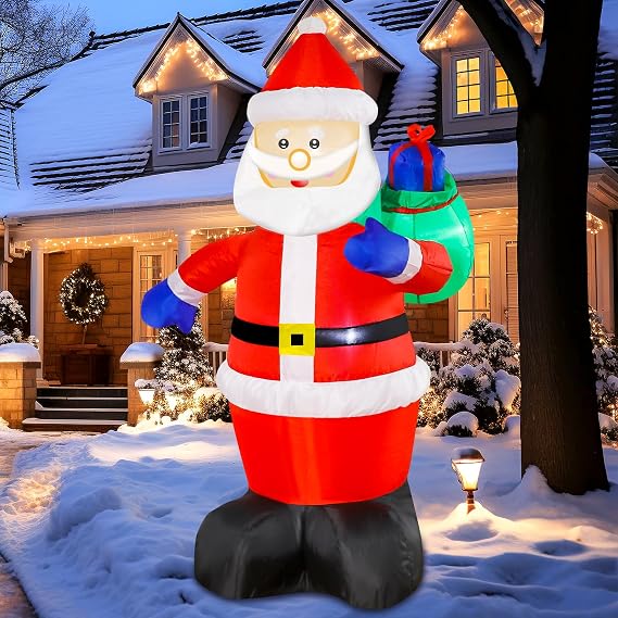 4FT Christmas Inflatables Santa Claus Carrying Gifts, Blow Up Christmas Outdoor Decorations with Built-in LED Lights for Garden Yard Lawn Xmas Decor