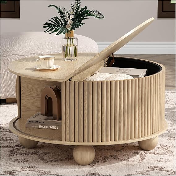 JOINICE 31.5" Round Coffee Table with Storage for Living Room,Natural Oak | Unique Bun Feet,Boho Center Table,Hidden Storage,Fluted Sliding Door,Solid Wood Legs,Easy Assembly,Up to 110 lbs