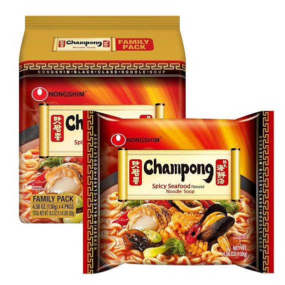Nongshim Champong Ramyun Noodles, Smoky & Spicy Seafood Flavored Korean Instant Ramyun, Bold & Savory Noodles Soup, Korean Pantry Essential, 4.58 oz (Pack of 4)