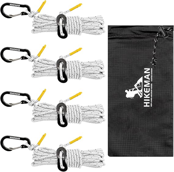 HIKEMAN Reflective Tent Rope Guyline - 4M Camping Guide Ropes,3mm Tent Guy Ropes Cord with Aluminum Tensioners Adjuster for Outdoor Camping Hiking Caravan Awning Tents (White, 3mm)
