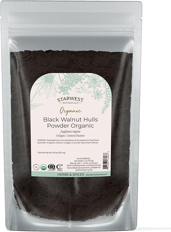 Starwest Botanicals Organic Black Walnut Hull Powder, Non-GMO - 4 oz Pouch | Finely Ground, Use for Tea & Baking, Certified Kosher