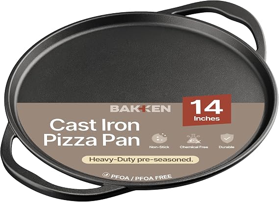 Bakken Cast Iron Pizza Pan 14 Inch, Naturally Pre-Seasoned Nonstick Baking Pan, Heavy-Duty for Oven, Grill, Stovetop, or Campfire, Dual Handles, Heat Retention for Crispy Crust Results, Easy to Clean