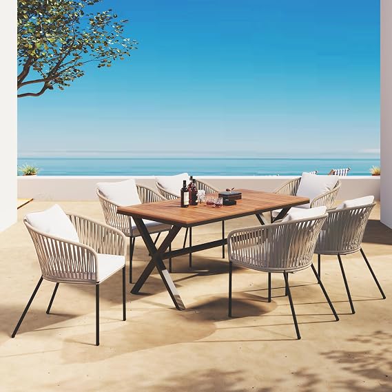 7 PCs Patio Dining Set with Table and 6 Chairs Beige | All-Weather Outdoor Furniture with Acacia Wood Tabletop & Metal Frame, for Garden, Backyard, or Balcony