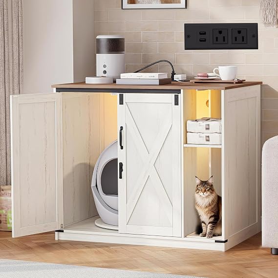 Hzuaneri Large Cat Litter Box Enclosure, Self-Cleaning Litter Box Furniture | Hidden Litter Box with Rotating Stand, Farmhouse Cat Cabinet with Power Outlet & Light, Cats House, Rustic White CB86414XV2