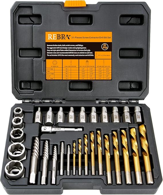 31-Pieces Screw Extractor Set, 37# Cr-Mo & 6542 HSS Steel Cobalt Left-Hand Drill Bit, Easy Out Broken Bolt Remover Reverse, Ez Out Stripped, Rounded-Off, Damaged Bolts, Studs Removal Tool (Black)