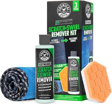 Chemical Guys Insynchro Scratch & Swirl Remover 8 oz - Kit with Hex Logic Dual Sided Hand Polishing Pad and Monster Extreme Microfiber Towel for Paint Restoration and Gloss Enhancement