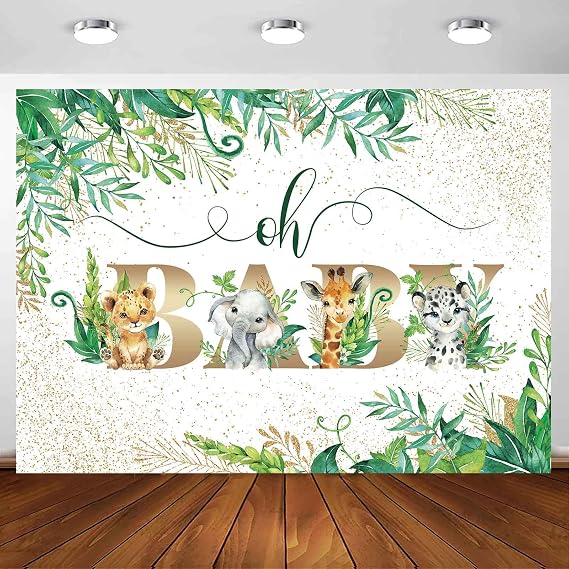 Sensfun Safari Baby Shower Backdrop Jungle Animals Oh Baby Party Banner Background Green Leaves Wild Boy Baby Shower Newborn Party Decorations Cake Table Supplies 7x5ft