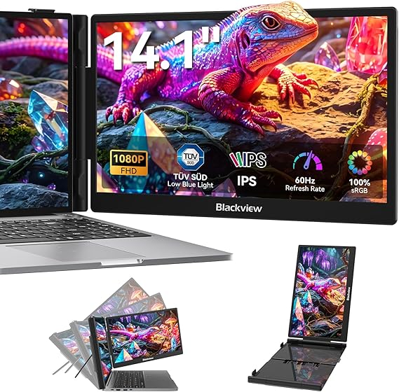 Blackview Laptop Screen Extender, 14" 1080P FHD IPS Portable Monitor, Ultra-Slim Travel Dual Monitor Fit for 13"-17.3" Laptops, USB-C Plug &Play Extended Screen for Windows/Mac/Android/Switch | TUV SUD Certified Eye Health Protection - 1080P FHD IPS 100% sRGB - Portable Monitor Ultra-Slim - Plug & Play no Drivers