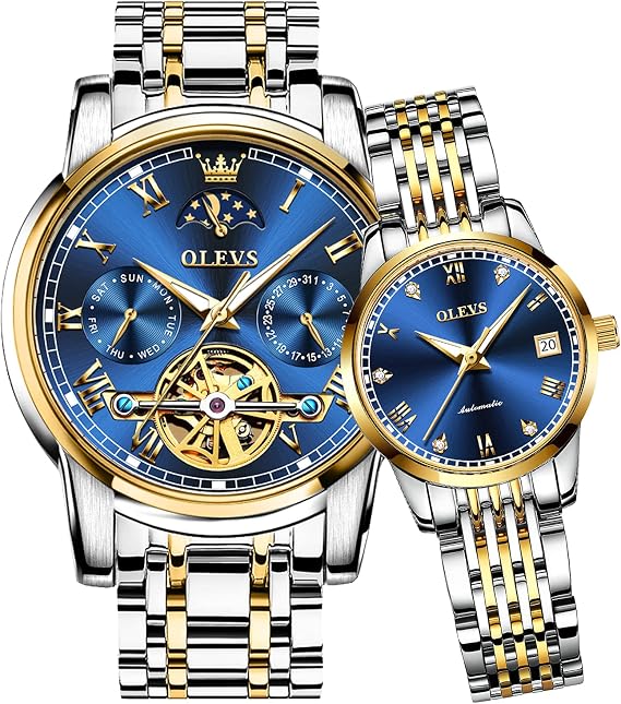 OLEVS Couple Pair Watch Automatic for Men and Women His and Hers Watches Set Gifts Mechanical Self-Winding Tourbillon Big Face Dress Wristwatch with Day Date Calendar Two Tone