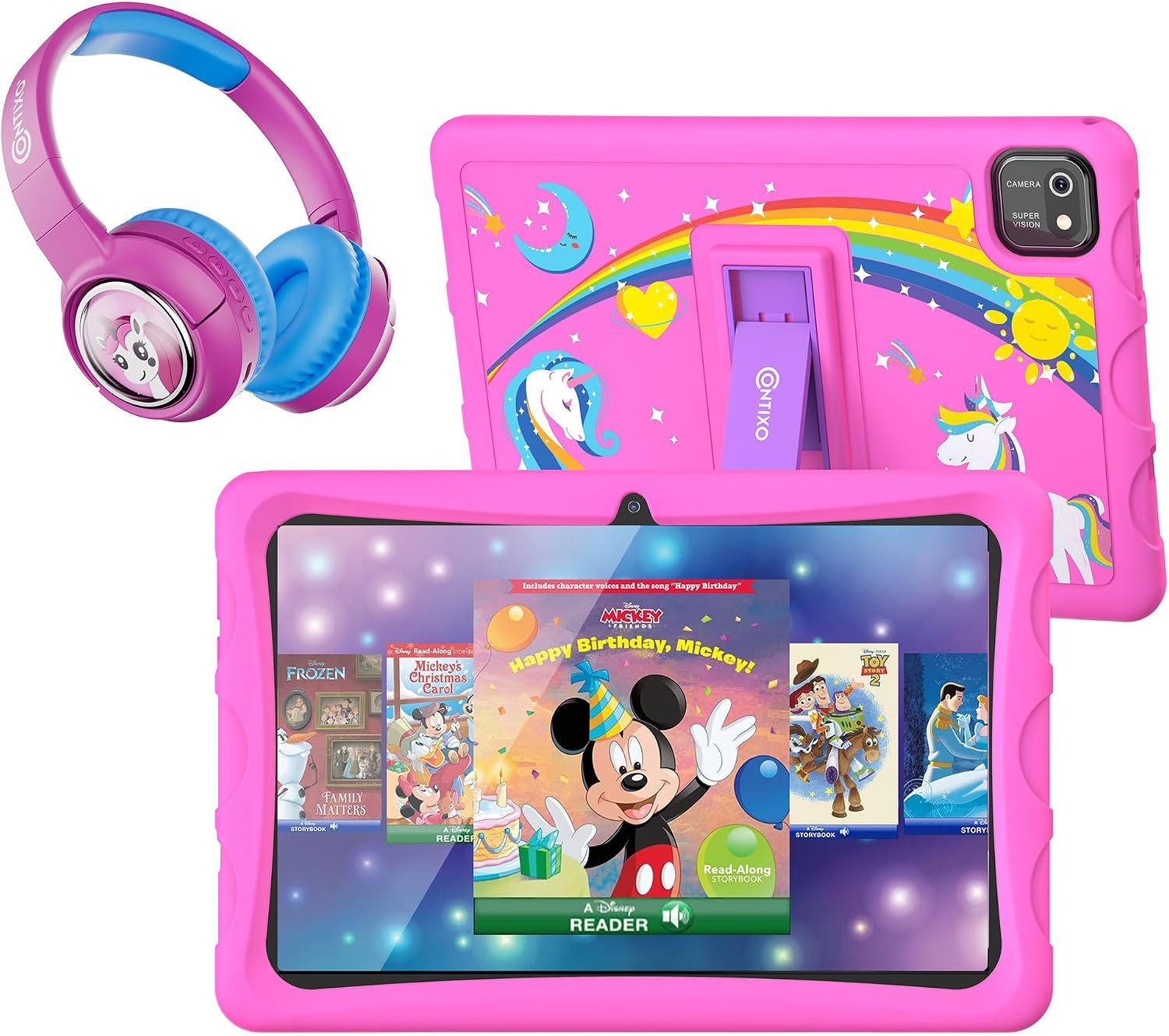 Contixo 10 Kids Tablet with Headphones Bundle - K103 Toddler Tablet, 80 Disney E-Books & Stickers $350 Value, 32GB Storage, 3GB RAM, Bluetooth, Android Parental Controls, Kid-Proof Case - Pink