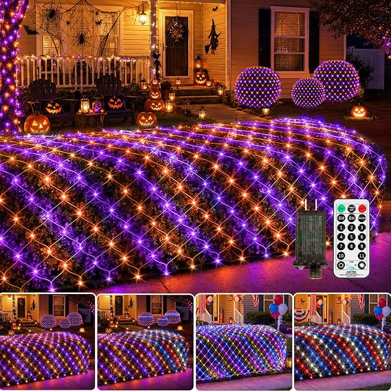 Halloween Lights Outdoor, 6FT x 4FT 128LED Purple Orange String Net Light | Connectable String Lights with 11 Modes Timer Remote, Waterproof Halloween Decor for Bush Party Holiday Patriotic Decor