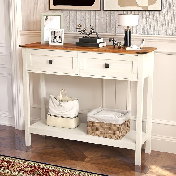 Farmhouse Console Table, Entryway Table with 2-Drawers and Open Storage Shelf for Hallway, Narrow Sofa Table Behind Couch, Antique White