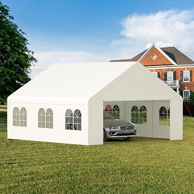 GOJOOASIS 20 x 20 Heavy Duty Carport with Roll-up Visual Windows, Reinforced Party Tent with Removable Sidewalls & Doors for Parties, Wedding, Outdoor Events, Car Canopy with All-Season Tarp, White
