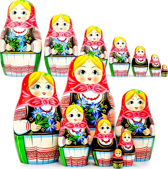 AEVVV Matryoshka Nesting Dolls Set of 7 pcs - Matreshka Doll in Eastern European Costume with Cornflowers - Russian Dolls Nesting Dolls - Babushka Dolls - Wooden Nesting