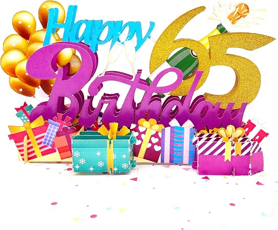 Liif Happy 65Th Birthday 3D Greeting Pop Up Card, Happy Birthday Card For Women, Men, Funny, 65 Years Old, Balloon, Champagne, Celebration - With 65 Gold Glitter & Message Note
