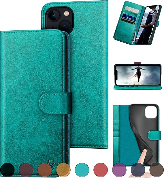 DuckSky for iPhone 13 6.1" Genuine Leather Wallet case RFID Blocking4 Credit Card HolderReal Leather Flip Folio Book Phone case Protective Cover Women Men for Apple 13 case Blue Green