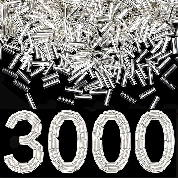 XIANNVXI 3000pcs Silver Glass Bugle Beads | Silver Tube Beads with 2PC Beading Needles 2x6mm Long Bugle Bead for Jewelry Making Earring Bracelets Necklace Waist