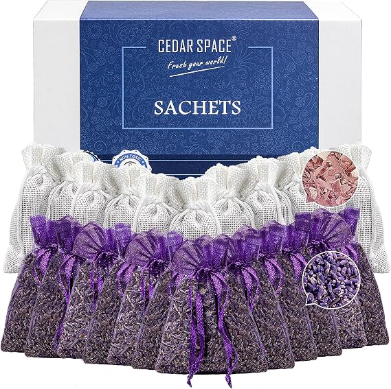 Cedar Space Lavender Sachet Bags for Drawers and Closets(24 Pack),Potpourri Bags,Dried Lavender Flowers,Cedar Blocks for Clothes Storage Scent Air Freshener, Cedar Chips Lavendar for Home Fragrance