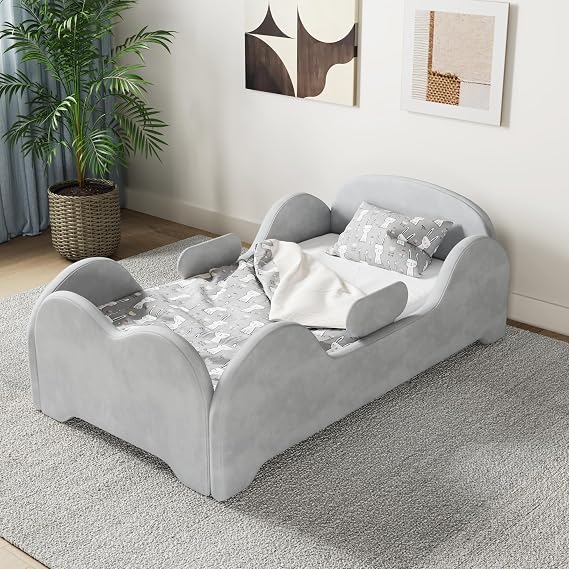 allamazing Toddler Bed, Toddler Flood Bed with Extra Safety Broad, Standard Crib Size for Kids, Certified Fabric Toddler Beds, Low to Floor Design (Grey)
