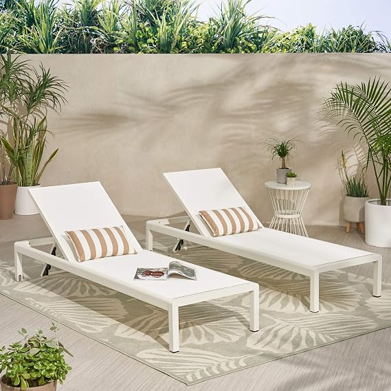 LUMISOL Outdoor Lounge Chair Set of 2, Aluminum Lounge Chair with Adjustable Backrest, Patio Reclining Loungers with Wheels for Outside Sunbathing, Backyard, Poolside, White