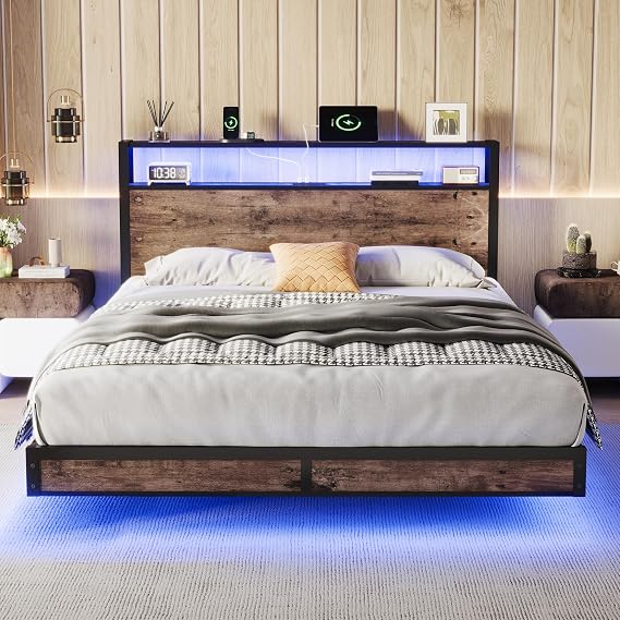 Queen Size Bed Frame with Storage Headboard, Floating Metal Platform Bed Frame with LED Lights and Charging Station, Easy Assembly, No Box Spring Needed, Noise Free, Rustic Brown