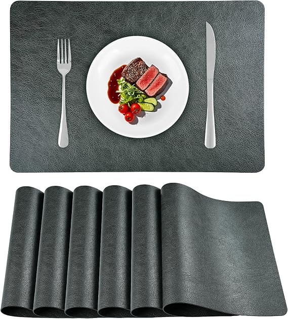 PU Leather Vinyl Placemats Set of 6 Waterproof Wipeable Place Mats Heat Resistant Reversible Kitchen Table Mats for Dining, Outdoor, Party 16.9 x 11.8 Inch (Gray, Set of 6)