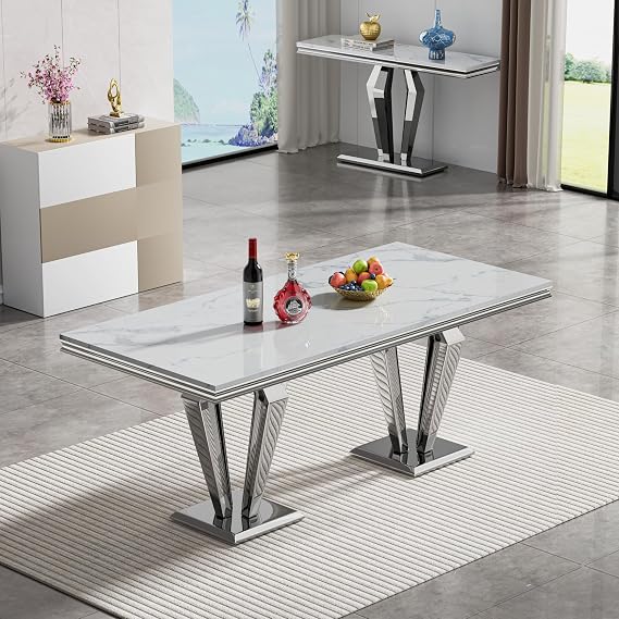 Luxury Marble Dining Table for 4 to 6, 68 inch White Faux Marble Dining Table with Silver Stainless Steel Diamond Shaped Base, Modern Rectangle Kitchen Dining Room Table for Family Dinner Party