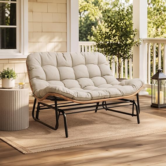 Crestlive Products Outdoor Glider Bench 2-Person, All-Weather Boho Rattan Patio Furniture for Backyard, Porch, Deck Seating, Beige