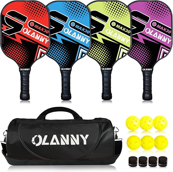 OLANNY Graphite Pickleball Paddles Set- Premium Rackets Fiber Face & Polymer Honeycomb Core Pickleball Set Includes Pickleball Paddles + Pickleball Balls+ Replacement Soft Grip + 1 Bag