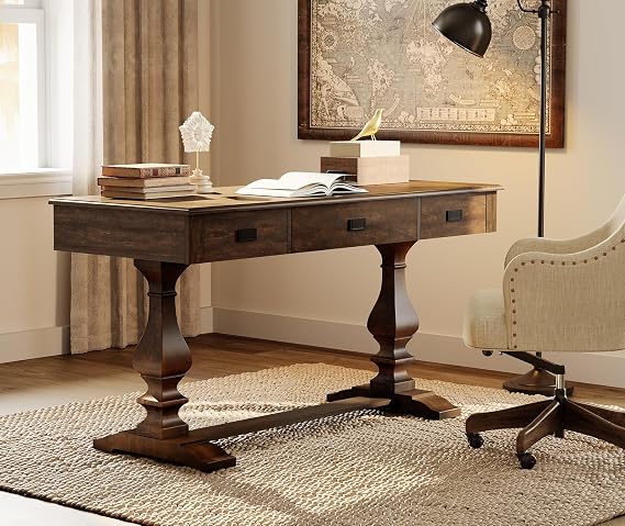 WAMPAT 60-inch Vintage Wood Home Office Desk, Dark Walnut Brown | Featuring T-Style Solid Wood Legs with Anti-Slip Tips,3 Deep Drawers and Ergonomic Scalloped Edges,for Home Office,Study