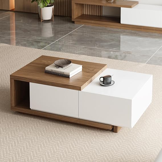 homary Extendable Coffee Table, 47"-69" Expandable Walnut Coffee Table with 2 Drawers, Modern Adjustable Center Table for Living Room & Small Spaces (White & Walnut)