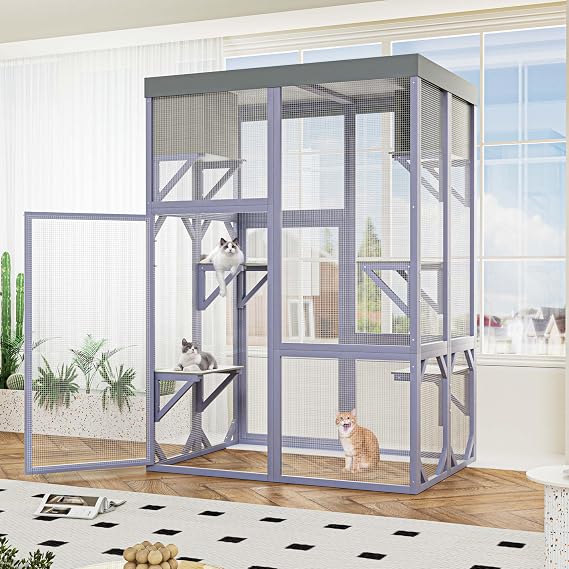 70" Large Wooden Outdoor Cat Enclosures, Catios for Cats Outdoor with Waterproof Roof, 7 Platforms & 2 Napping Houses, Catio Outdoor Cat Enclosure Window Access Pet Cage for Backyard (51" W)