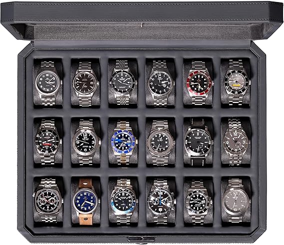 ROTHWELL 18-Slot Watch Case Luxury Watch Box for Men, Real Glass Top, Lockable, Elegant Display for Collections (Carbon)