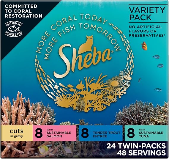 Sheba Perfect Portions Cuts Wet Cat Food, Seafood Pack, 2.6 oz, 24 ct | Sustainable salmon & tuna with tender trout, succulent cuts in gravy, no corn or soy, snap-peel-serve twin pack trays