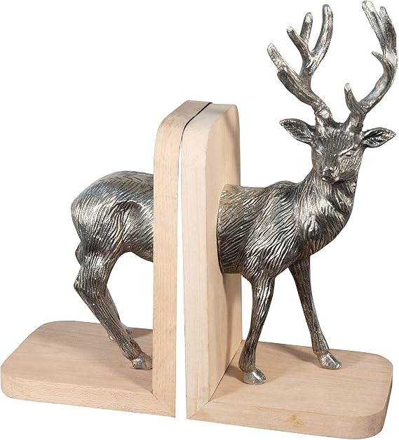 Dusto Aluminum and Wooden Reindeer Bookend (DH10008) | Wooden Bookends for Heavy Books | Bookends Decorative for Shelves | Book Holder for Home and Office Decor | Heavy Duty Metal Bookends.