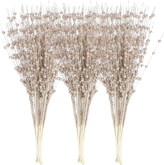 Sea Team Glitter Berry Picks, Artificial Berry Stems, 24-Pack, Champagne