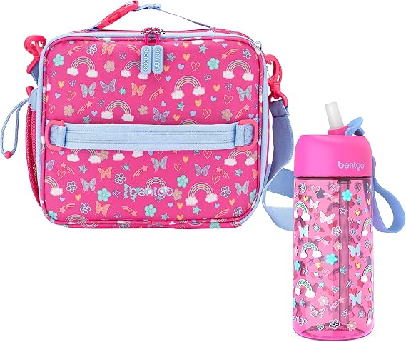 Bentgo Kids Lunch Bag Set Water Bottle - New & Improved 2023 (Rainbows and Butterflies)