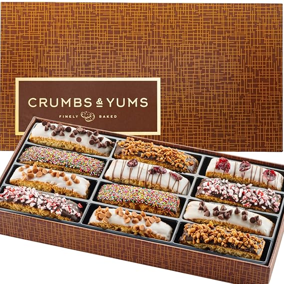 Fathers Day Cookies Gift Basket - 12 Gourmet Chocolate Covered Biscotti with Assorted Toppings - Food Gift Box for Dad, Him, Husband, Father's Day, Mother's Day, Family, Sympathy, Men & Women.